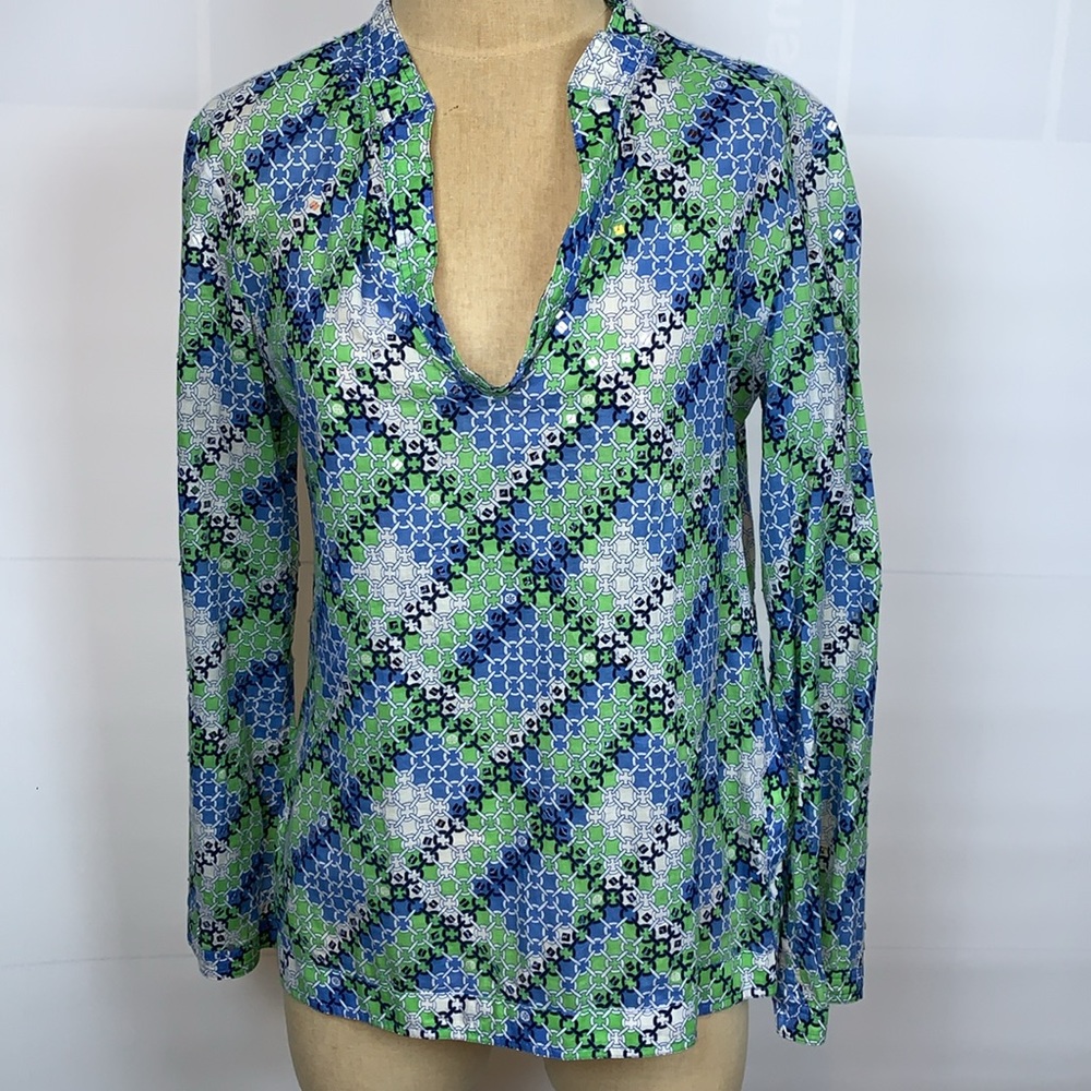 Tory Burch Blue, Green and White Geometric V-Neck Top